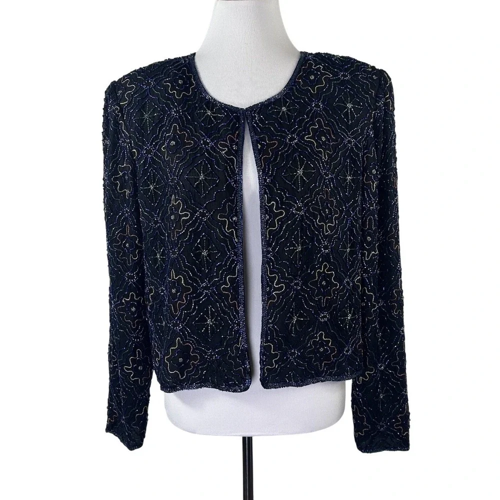 Vintage Stenay Jacket 100% Silk Sequin Beaded Black Formal Evening‎ Women's XL?